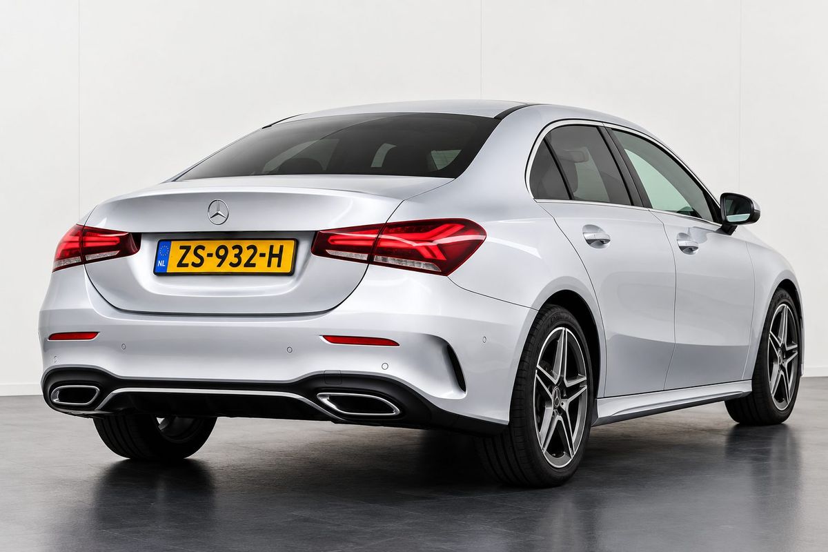 De Mercedes A200 lesauto van Rijschool Kreps, schuin van achteren